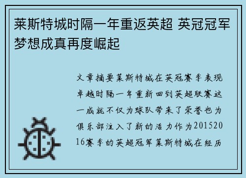 莱斯特城时隔一年重返英超 英冠冠军梦想成真再度崛起