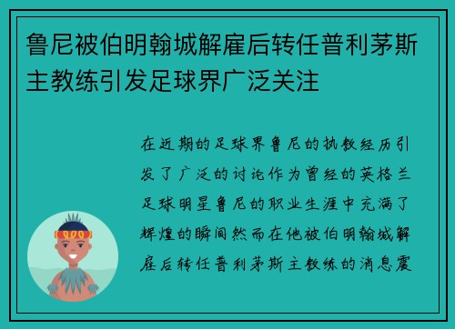 鲁尼被伯明翰城解雇后转任普利茅斯主教练引发足球界广泛关注
